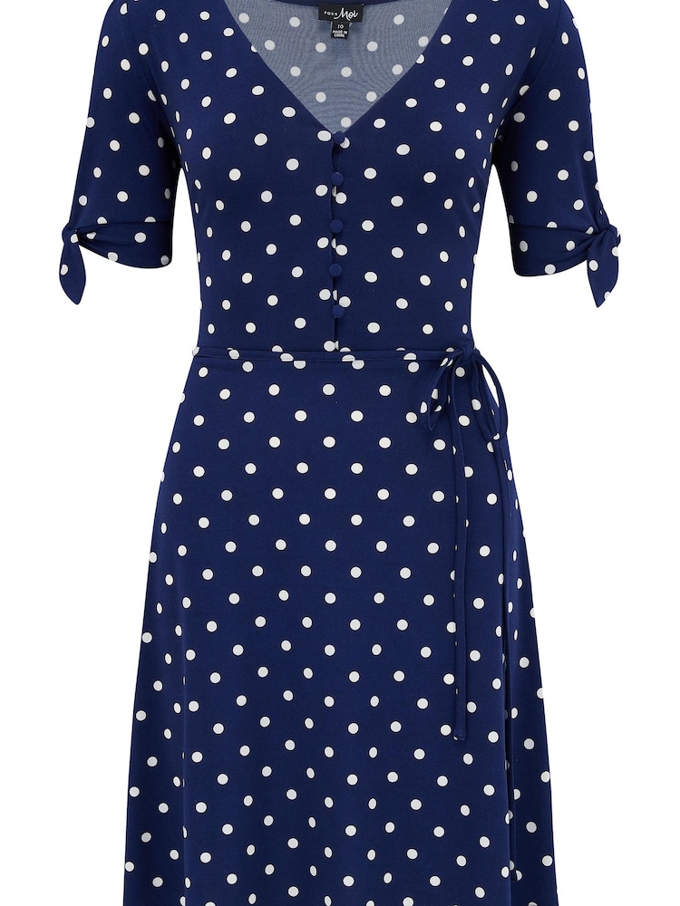 Pour Moi Navy Blue Polka Dot Bella Fuller Bust Slinky Stretch Tie Sleeve Mini Dress - Image 4 of 5