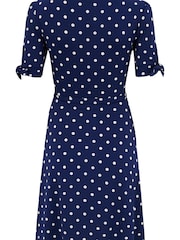Pour Moi Navy Blue Polka Dot Bella Fuller Bust Slinky Stretch Tie Sleeve Mini Dress - Image 5 of 5