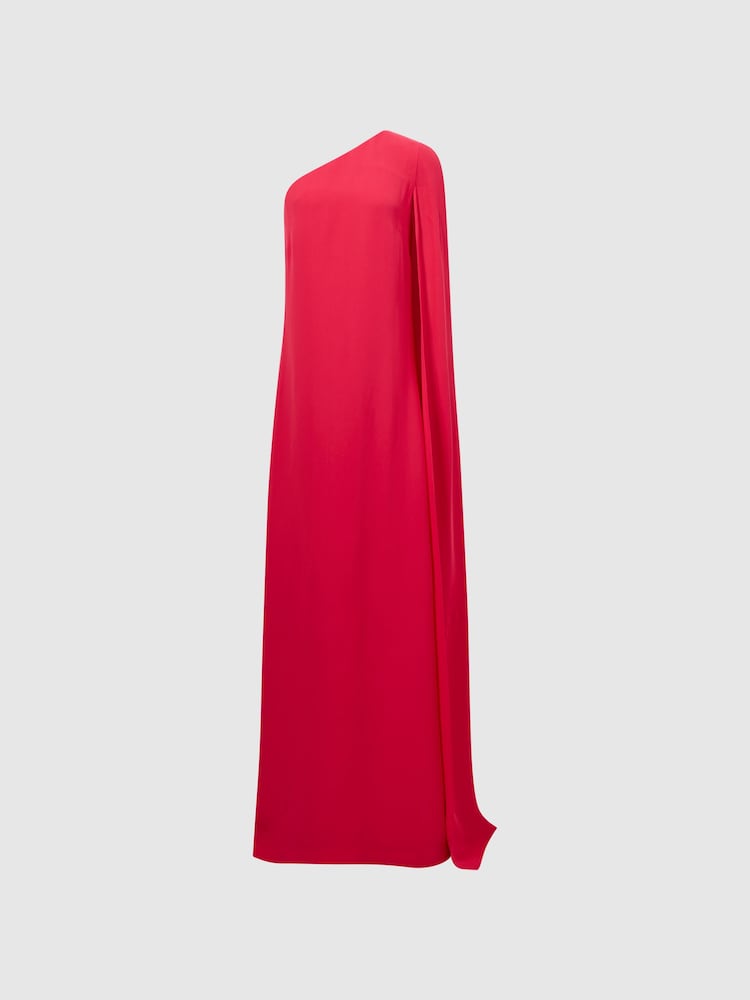 Reiss Bright Pink Nina Cape One Shoulder Maxi Dress - Image 2 of 5