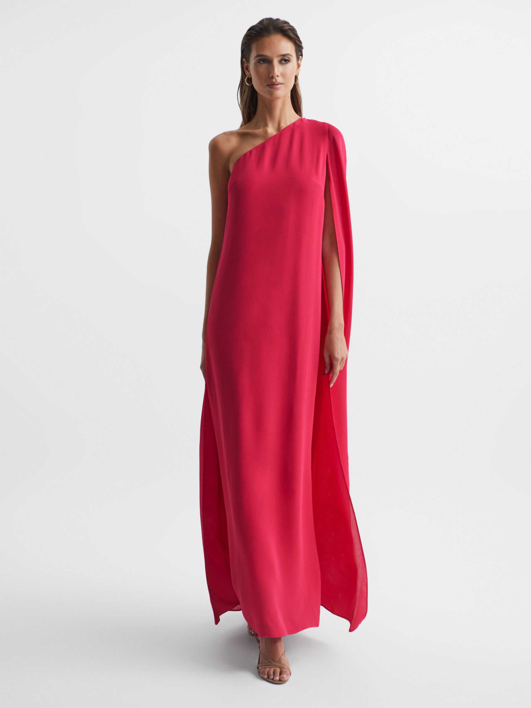 Buy Reiss Bright Pink Nina Cape One Shoulder Maxi Dress from