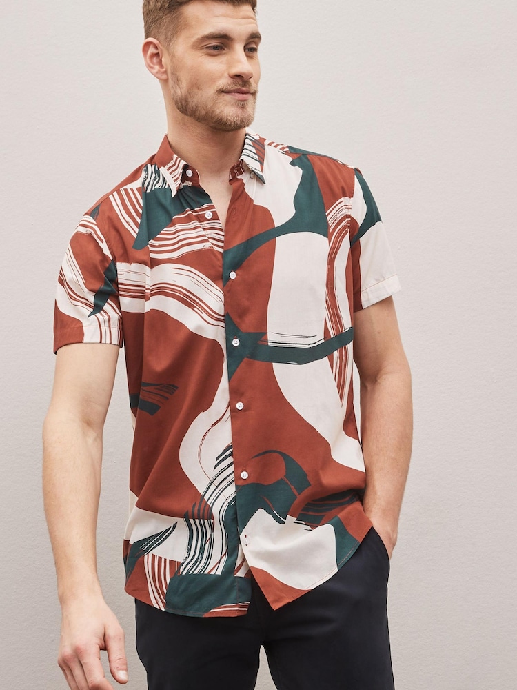 Rust Brown Short Sleeve Printed Shirt With Cuban Collar - Image 1 of 3