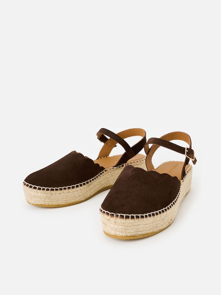 Oliver Bonas Brown Suede Scalloped Edge Espadrille Sandals - Image 1 of 7