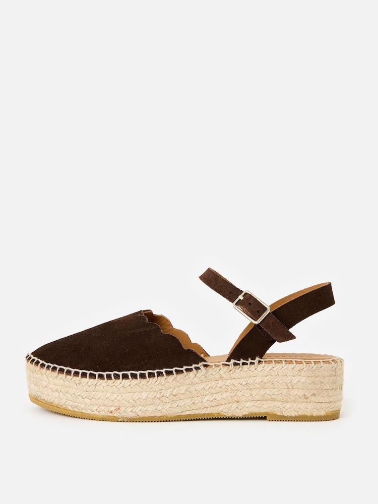 Oliver Bonas Brown Suede Scalloped Edge Espadrille Sandals - Image 2 of 7
