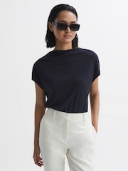 Reiss Navy Poppy High Neck Jersey Top - Image 1 of 6