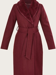 Monsoon Red Rufus Faux Fur Collar Belted Coat - Image 1 of 3