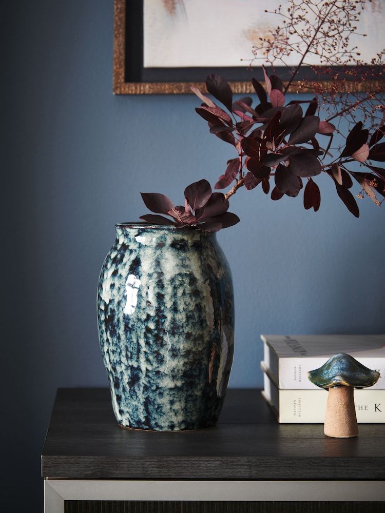 Navy Blue Reactive Ceramic Textured Flower Vase - Image 1 of 7