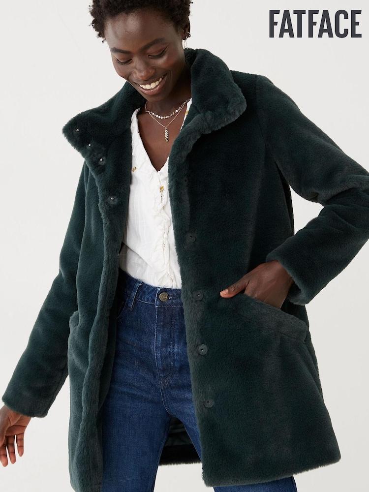 FatFace Green Faye Faux Fur Coat - Image 1 of 4