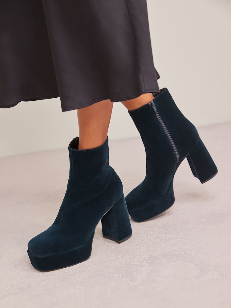 Teal Blue Velvet Platform Ankle Boots - Image 1 of 10