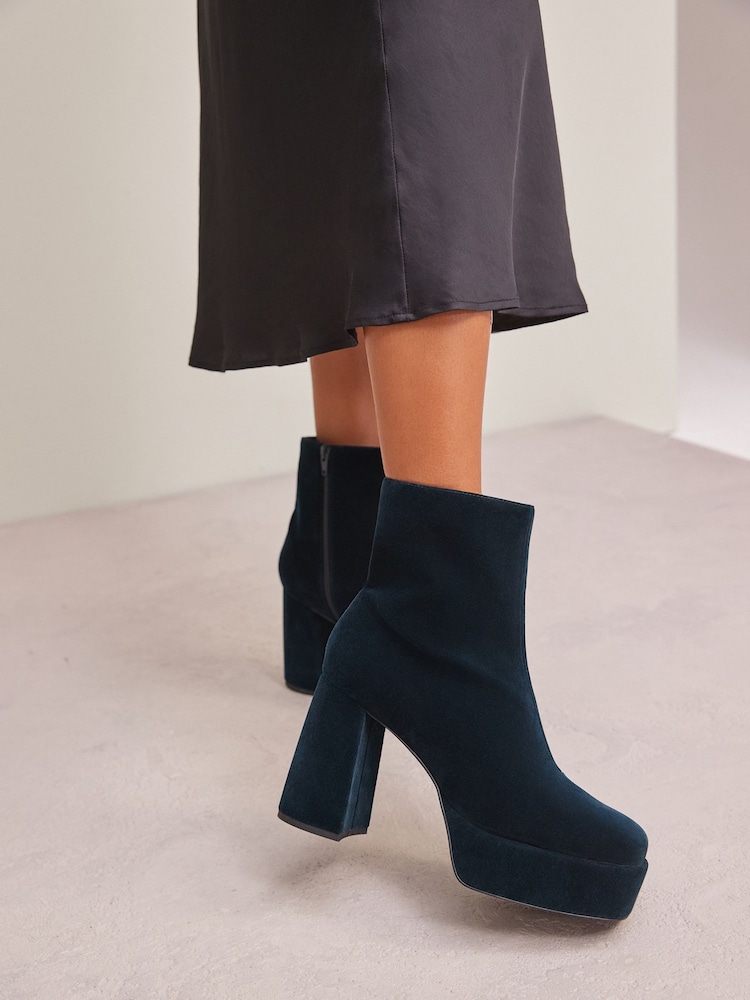 Teal Blue Velvet Platform Ankle Boots - Image 2 of 10