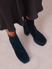 Teal Blue Velvet Platform Ankle Boots - Image 5 of 10