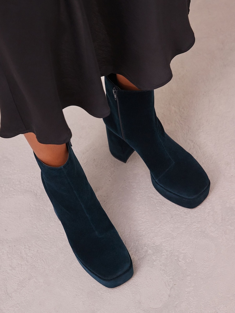 Teal Blue Velvet Platform Ankle Boots - Image 5 of 10