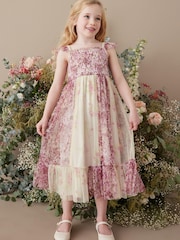 Pink/ Ecru White Floral Print Mesh Strappy Midi Dress (3-16yrs) - Image 1 of 7