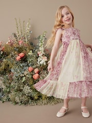 Pink/ Ecru White Floral Print Mesh Strappy Midi Dress (3-16yrs) - Image 2 of 7