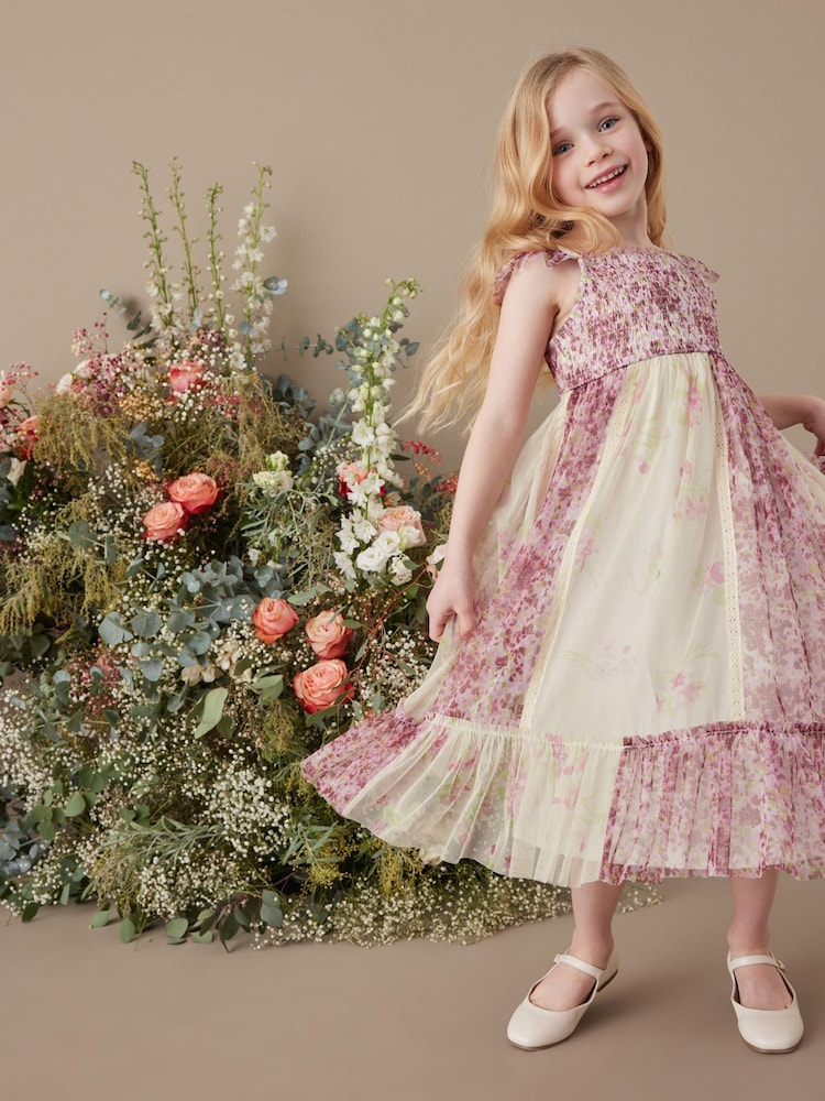 Pink/ Ecru White Floral Print Mesh Strappy Midi Dress (3-16yrs) - Image 2 of 7
