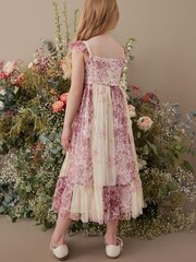 Pink/ Ecru White Floral Print Mesh Strappy Midi Dress (3-16yrs) - Image 3 of 7