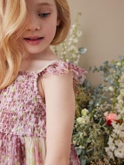 Pink/ Ecru White Floral Print Mesh Strappy Midi Dress (3-16yrs) - Image 4 of 7
