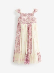 Pink/ Ecru White Floral Print Mesh Strappy Midi Dress (3-16yrs) - Image 5 of 7