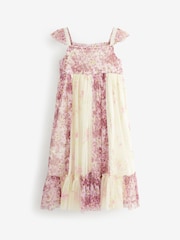 Pink/ Ecru White Floral Print Mesh Strappy Midi Dress (3-16yrs) - Image 6 of 7