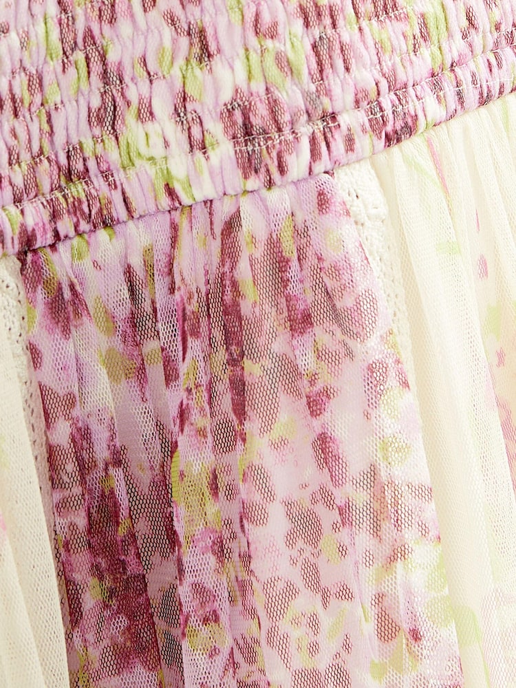 Pink/ Ecru White Floral Print Mesh Strappy Midi Dress (3-16yrs) - Image 7 of 7
