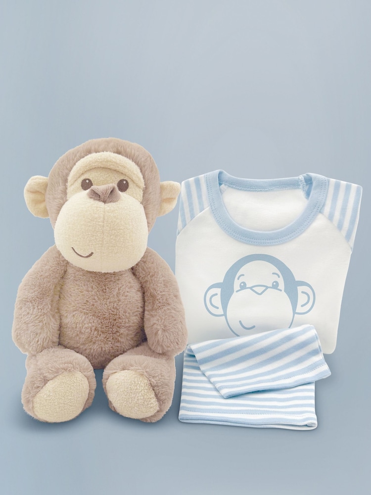 Babyblooms Monkey Soft Toy with Personalised Blue Stripe Pyjamas - Image 1 of 3