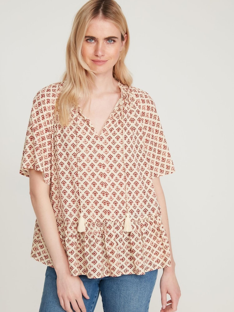 M&Co Natural Aztec Print Drop Hem Top - Image 1 of 4 M&Co Natural Aztec Print Drop Hem Top - Image 1 of 4