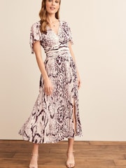 Cream Animal Pleated Short Sleeves Midi Dress - Image 2 of 5