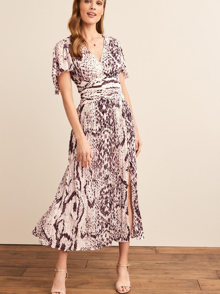 Cream Animal Pleated Short Sleeves Midi Dress - Image 2 of 5