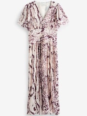 Cream Animal Pleated Short Sleeves Midi Dress - Image 5 of 5