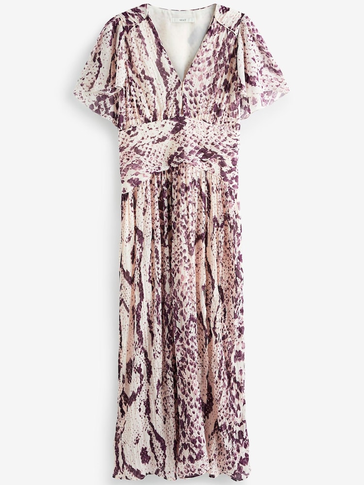 Cream Animal Pleated Short Sleeves Midi Dress - Image 5 of 5