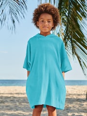 Aqua Blue Oversized Hooded Towelling Cover-Up - Image 1 of 4