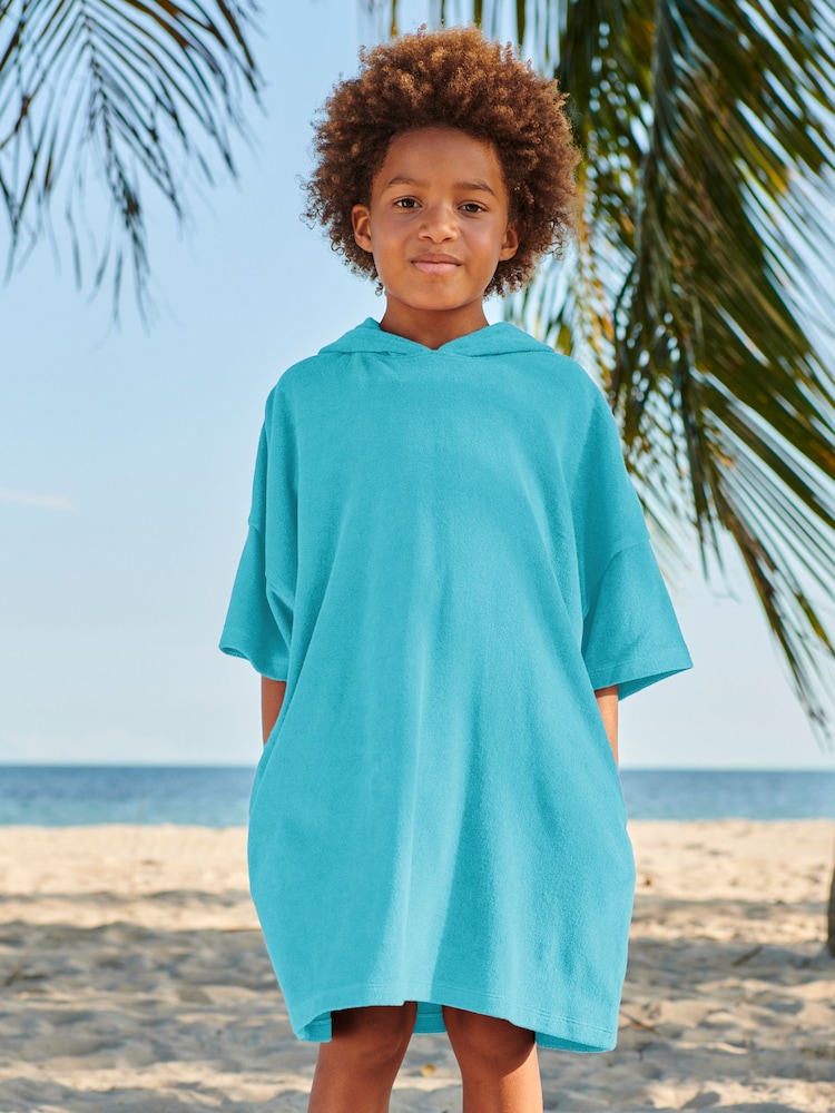 Aqua Blue Oversized Hooded Towelling Cover-Up - Image 1 of 4