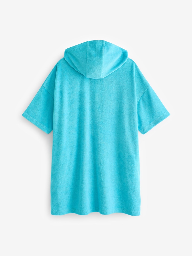 Aqua Blue Oversized Hooded Towelling Cover-Up - Image 4 of 4