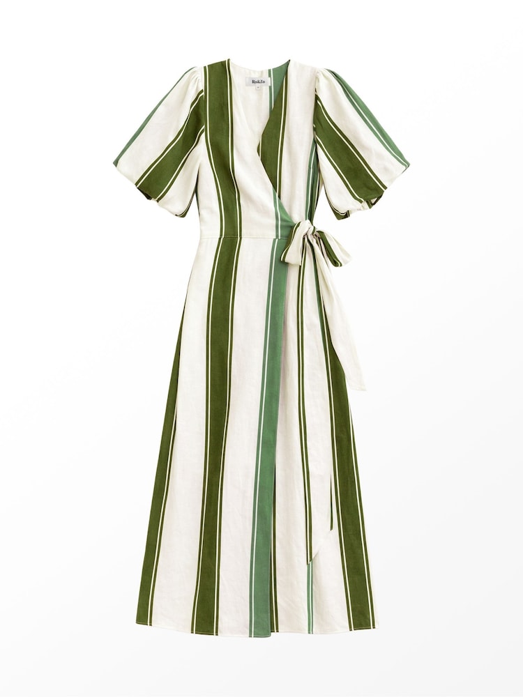 Ro&Zo Green Stripe Linen Wrap Dress - Image 5 of 5