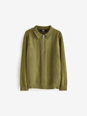 Khaki Green Textured Knit Zip Neck Long Sleeve Polo Shirt (3-16yrs) - Image 1 of 2
