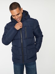 Navy - Threadbare Showerproof Double Layer Puffer Hooded Jacket - Image 1 of 1