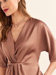 Bronze Brown Satin Draped Mini Dress - Image 4 of 5