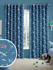 Cath Kidston Mid Blue Kids Planes Made To Measure 100% Cotton Curtains - Image 1 of 9