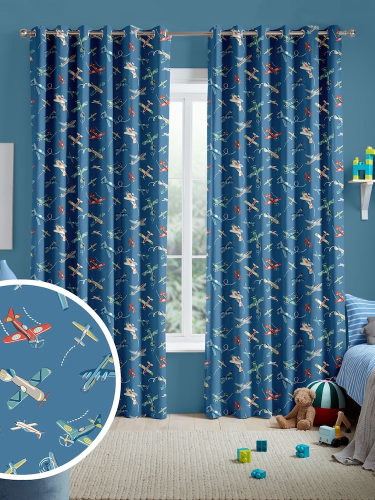 Cath Kidston Mid Blue Kids Planes Made To Measure 100% Cotton Curtains - Image 1 of 9