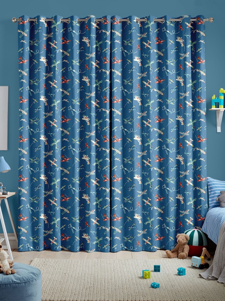 Cath Kidston Mid Blue Kids Planes Made To Measure 100% Cotton Curtains - Image 2 of 9