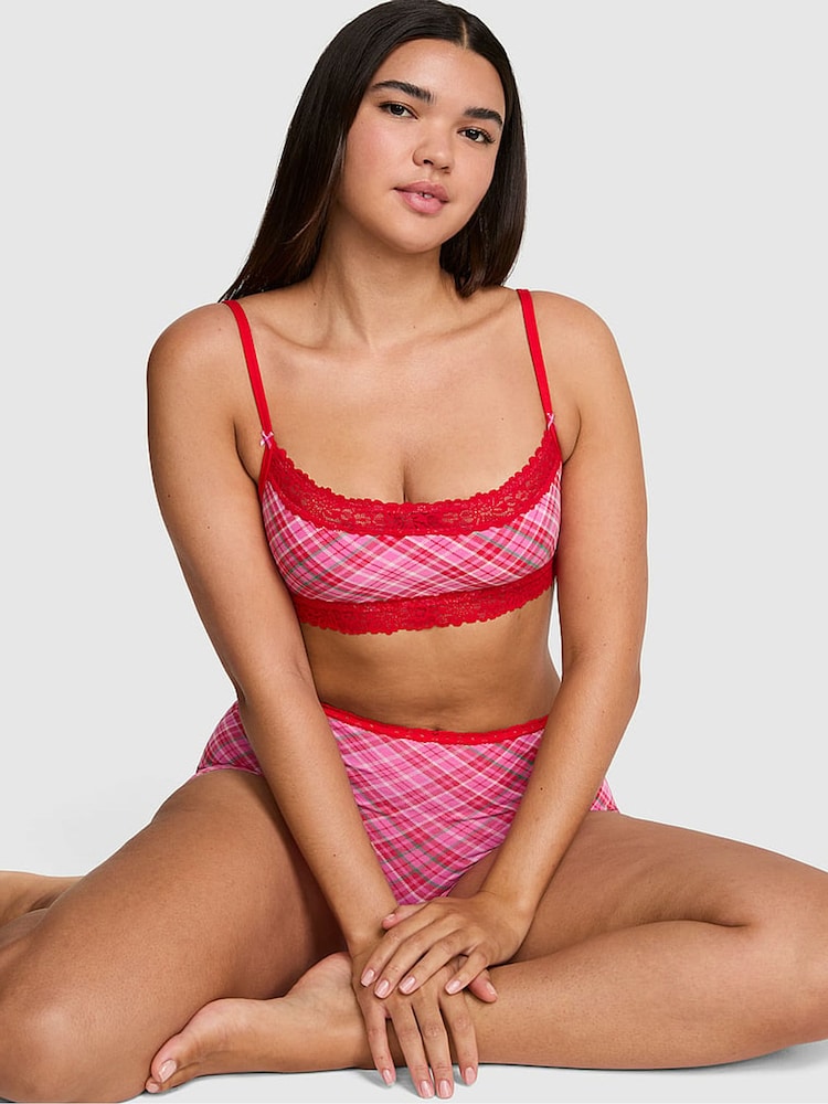 Victoria's Secret Pink Pink and Red Tartan Scoop Cotton Lace Trim Bralette - Image 1 of 2