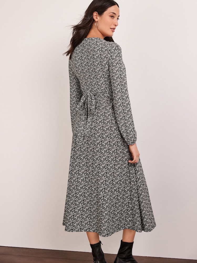 Black/White Maternity/Nursing Floral Wrap Dress - Image 2 of 7