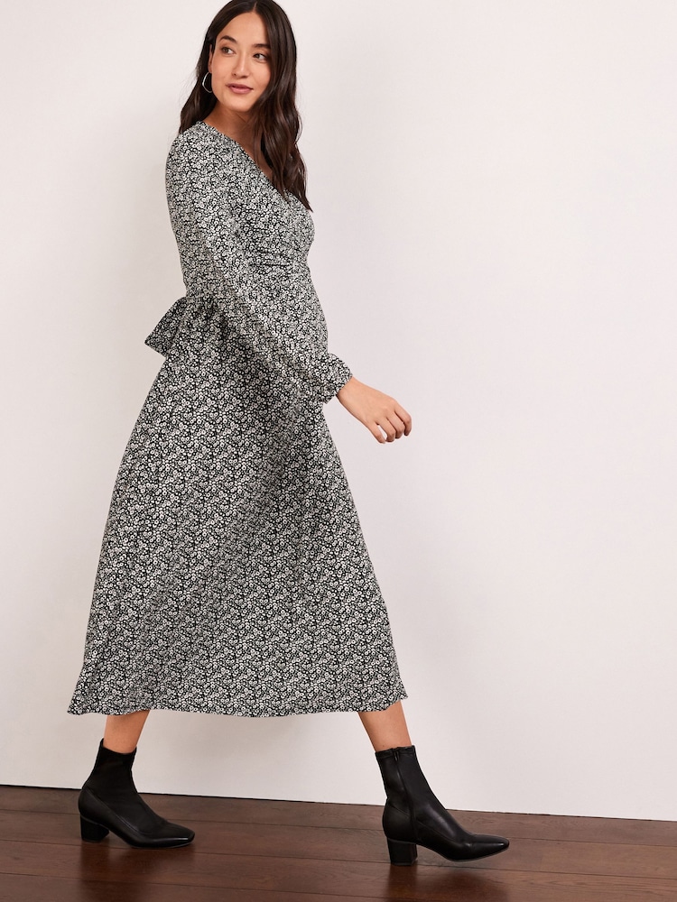 Black/White Maternity/Nursing Floral Wrap Dress - Image 3 of 7