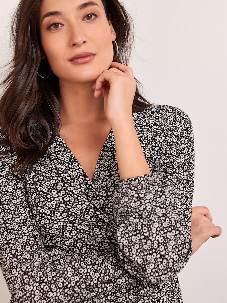 Black/White Maternity/Nursing Floral Wrap Dress - Image 4 of 7