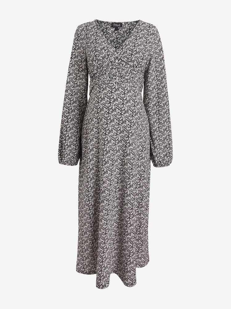 Black/White Maternity/Nursing Floral Wrap Dress - Image 5 of 7