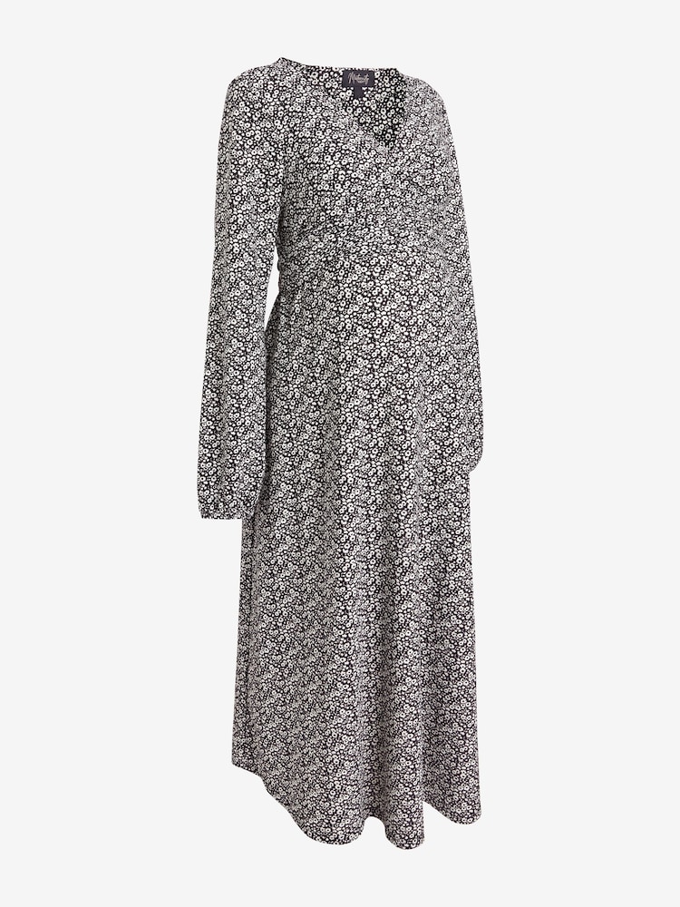 Black/White Maternity/Nursing Floral Wrap Dress - Image 6 of 7
