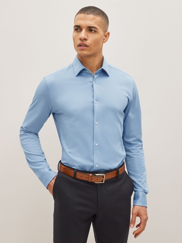 Blue Slim Fit Single Cuff Motionflex Knitted Shirt - Image 1 of 9