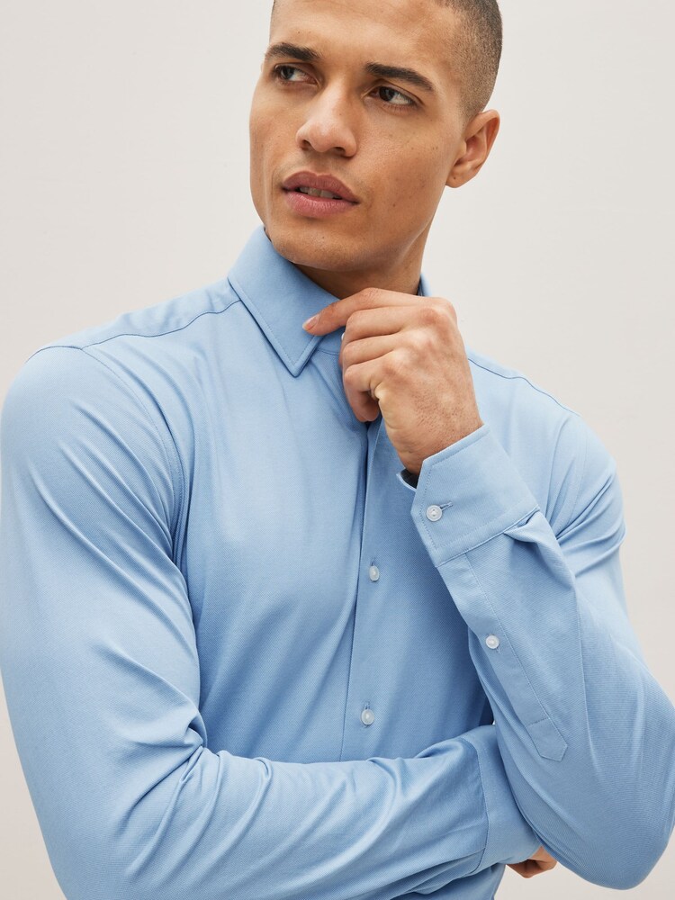 Blue Slim Fit Single Cuff Motionflex Knitted Shirt - Image 4 of 9
