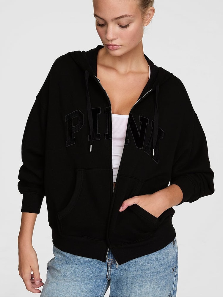 Victoria's Secret PINK Pure Black Fleece Zip Up Hoodie - Image 1 of 2