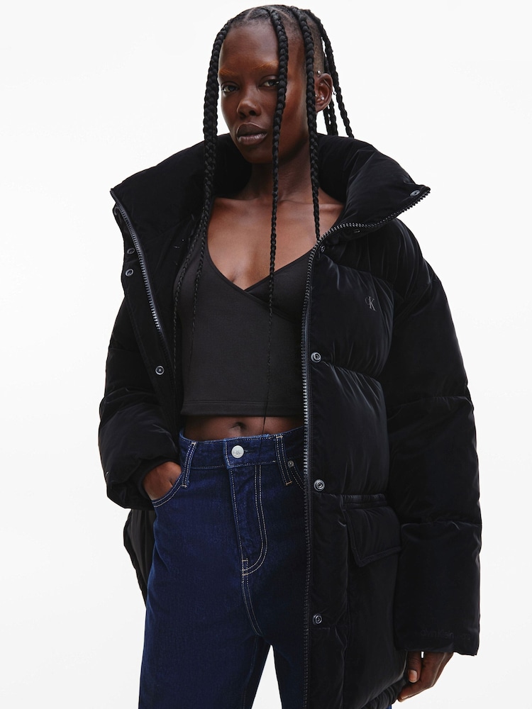 Calvin Klein Jeans Black Soft Touch Belted Puffer Jacket - Image 1 of 7