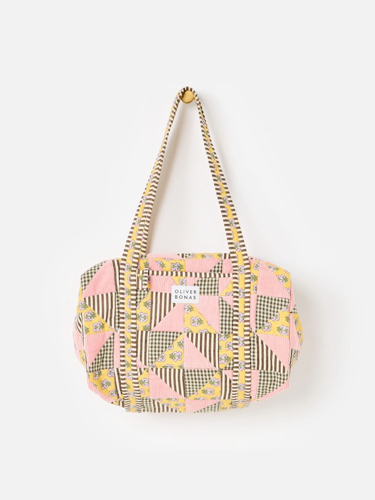 Oliver Bonas Pink & Brown Emily Patchwork Corduroy Quilted Bag - Image 1 of 7 Oliver Bonas Pink & Brown Emily Patchwork Corduroy Quilted Bag - Image 1 of 7